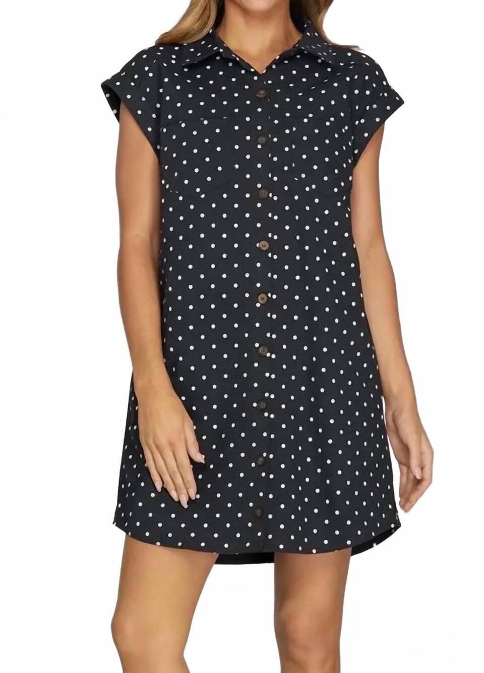 NEW SHE + SKY sleeveless polka dot twill shirt mini dress in black